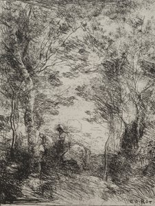 Cavalier dans les bois, impression originale 1854, imprimée en 1921 - Jean Baptiste Camille Corot