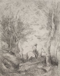 Le Grand Cavalier dans le bois, impression originale 1854, imprimée en 1921 - Jean Baptiste Camille Corot