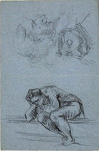 Figure assise avec la tête dans les mains et deux caricatures (recto) ; quatre figures dans une lunette (verso)