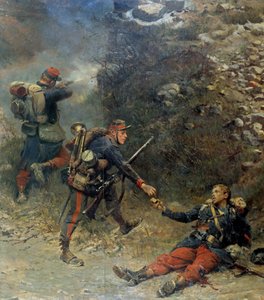Guerre de 1870 : "Le fond de la giberne". Un fantassin blessé donne ses derniers projectiles à son compagnon pendant la bataille de Champigny (11/11/1870). Détail d