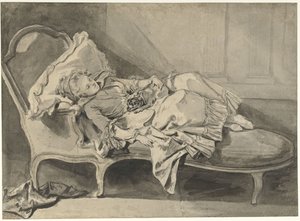 Madame Greuze sur une chaise longue avec son petit chien - Jean Baptiste Greuze