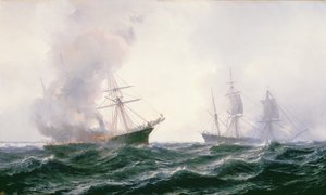 Un navire en feu en mer, avec un autre à proximité