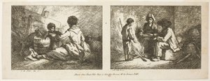 Enfants avec chien et mouton et famille de paysans au coin du feu