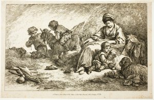 Mère et enfants avec moutons - Jean Baptiste Huet
