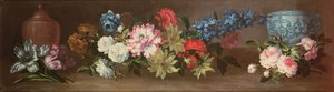 Nature morte de roses et autres roses sur un rebord avec deux pots en gingembre