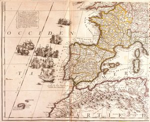 Carte des pays de la Méditerranée occidentale : France, Espagne, Portugal et Afrique du Nord (Maroc, Algérie, Tunisie), avec les Baléares, la Corse et la Sardaigne - Jean Baptiste Nolin