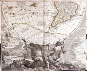 Deux hommes soutiennent le globe terrestre, avec la carte de l