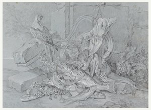 Dessin, Nature morte avec poisson et perroquet, 1740 - Jean Baptiste Oudry