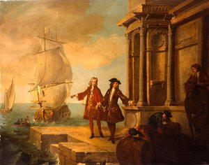 Europe - Marchands européens avec des débardeurs manipulant un tonneau et une balle sur un quai, 1724 - Jean Baptiste Oudry