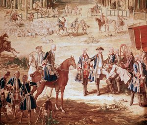 Chasse de Louis XV Le roi Louis XV chassant dans la forêt de Compiègne (La Chasse de Louis XV - Tapisserie) le départ de la meute Détail - Tapisserie de Jean Baptiste Oudry (1686-1755) - Jean Baptiste Oudry