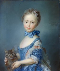 Portrait de la jeune fille au chat (Peinture au pastel par Jean-Baptiste Perronneau) (1715-1783)