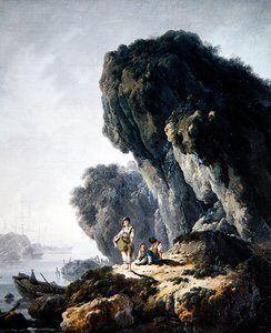Un paysage côtier avec des figures sur un rocher - Jean Baptiste Pillement