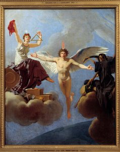 La Liberté ou la Mort Allégorie de la Liberté à gauche, couverte par le Diadème de la Raison, héritage du Siècle des Lumières. De sa main gauche, elle brandit l