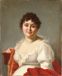Portrait de Madame Regnault, buste, en robe blanche et châle kaki - Jean Baptiste Regnault