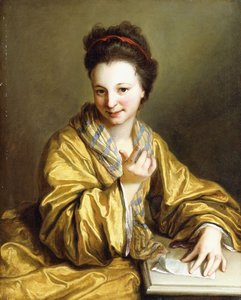 Une Jeune Dame, portant une Robe Jaune, assise à une Table, Faisant Signe - Jean Baptiste Santerre