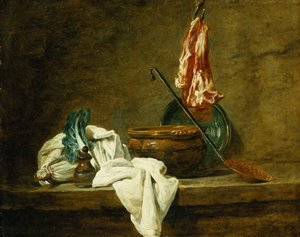 Betteraves, une boîte à épices, un torchon, un pot, une assiette en faïence, une écumoire, avec de la viande sur un crochet, sur un rebord, 1734 - Jean Baptiste Simeon Chardin