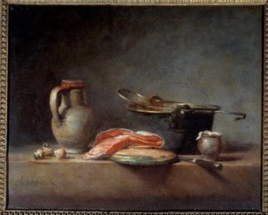 Pot en cuivre, écumoire, pichet et tranche de saumon. Nature morte - Jean Baptiste Simeon Chardin