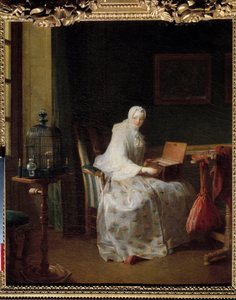 La serinette ou dame variant ses amusements Peinture de Jean Baptiste Siméon Chardin (1699-1779) XVIIIe siècle Dim. 0,50 x 0,43 m
