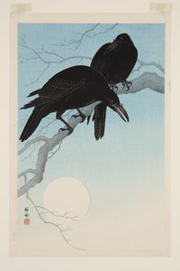 Corbeaux au clair de lune (estampe sur bois en couleur)