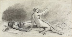 Femme nue assise avec homme nu endormi (recto); Torse féminin vu de dos (verso) - Jean Beraud