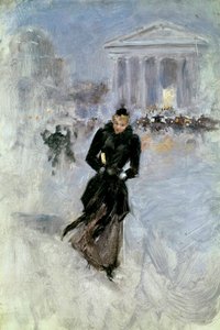 Jeune femme élégante au boa dans la rue Royale à Paris - Jean Beraud