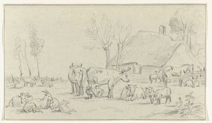 Ferme avec bétail et femme trayant - Jean Bernard