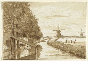 Paysage avec un canal et deux moulins - Jean Bernard