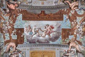 Vénus donne la couronne à Ariane; sur les nuages, Vénus, entourée de cupidons, offre la couronne de Vulcain à Ariane assise à côté de Bacchus - Jean Boulanger