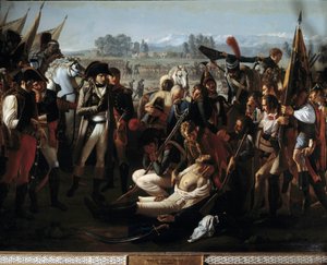 Mort du général Charles Antoine Desaix de Veygoux (1768-1800) à la bataille de Marengo le 14/06/1800 sous les yeux de Napoléon Bonaparte (1769-1821). Détail. Peinture de Jean Broc (1771-1850) 19ème siècle