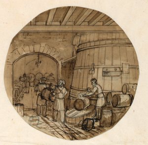 Conception pour une assiette en porcelaine, intérieur de brasserie pour le service des arts industriels de Sèvres - Jean Charles Develly