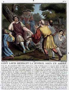 Saint Louis rend justice sous un arbre, gravé par Jean Baptiste Morret 1789 (gravure en couleur) - Jean Claude (after) Naigeon