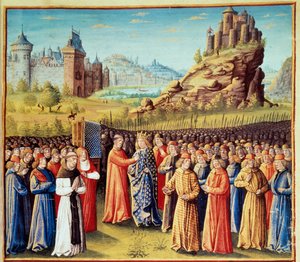 Deuxième croisade : le roi Louis VII dit le Jeune prenant la croix à Vézelay en présence de Saint Bernard de Clairvaux et de l