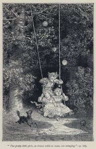 "Deux jolies petites filles, en robes blanches comme neige, se balancent" (gravure)
