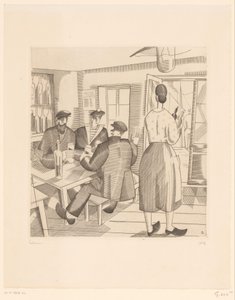 Intérieur de café avec clients et serveuse - Jean Emile Laboureur (signed by artist)