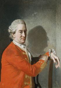 Portrait de James Hamilton, 2e comte de Clanbrassil, mi-longueur, en manteau rouge, assis dans une chaise en acajou, son profil projeté en ombre sur le mur derrière, 1774 - Jean Étienne Liotard