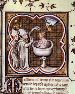 Baptême de Clovis (466-511) par Saint Remy (Saint Remi) à Reims en 496 : le Saint-Esprit apporte la sainte ampoule contenant le saint chrême utilisé pour l