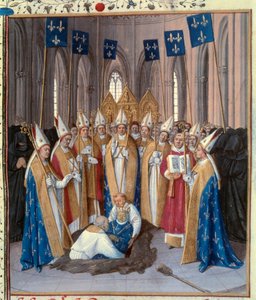Enterrement du roi Philippe IV le Bel (1268-1314) à la basilique Saint-Denis. Miniature tirée des Chroniques de Saint-Denis par Jean Fouquet (1420-1481) XVe siècle. Paris, B.N. - Jean Fouquet