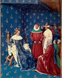 Charles V (1338-1380) reçoit les ambassadeurs de Charles IV (1316-1378), empereur du Saint-Empire romain germanique en 1377. Miniature d