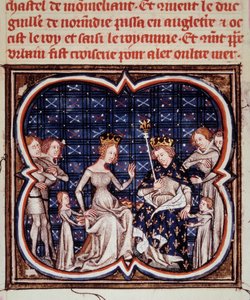 Roi de France Philippe Ier (1052-1108) avec sa femme Berthe de Hollande et leurs enfants Constance de France (1078-1125) et Louis VI (1081-1137). Miniature tirée de "Les grandes chroniques de France" (ms. fr. 2813 fol. 182) 1375-1380 Paris, B.N. - Jean Fouquet