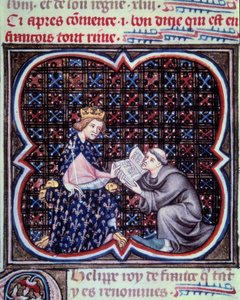 Le primat présentant le texte des Grandes Chroniques de France à Philippe III. Miniature du manuscrit par Jean Fouquet. Paris, B.N. - Jean Fouquet