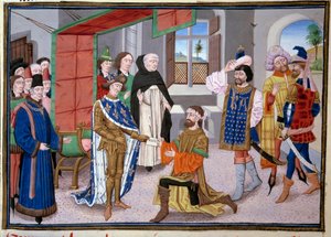 Septième Croisade: Roi de France Saint Louis (ou Louis IX) (1214-1270) à Nicosie à Chypre vers 1245. Miniature des "Grandes Chroniques" par Jean Fouquet (1420-1481). Paris, Bibliothèque de l