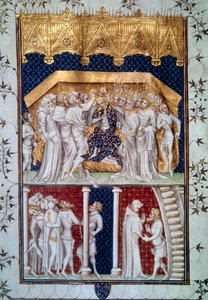Le couronnement de Charles VI (1368-1422) par les pairs de France le 16/09/1380. Miniature des Grandes Chroniques de France par Jean Fouquet (1420-1481) 15e siècle Paris, B.N.