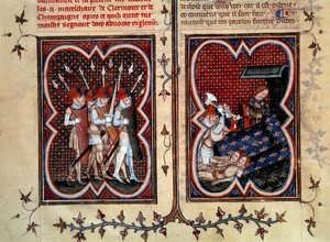 Les maréchaux Robert de Clermont et Jean de Conflans assassinés par Étienne Marcel (1315-1358) et ses hommes dans la chambre du dauphin Charles (futur Charles V) au Palais de la Cité le 22 février - Jean Fouquet