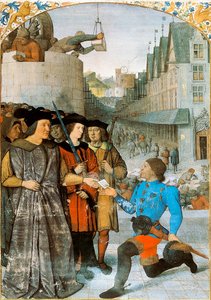 Le vicomte de Rochechouart recevant un messager royal. Miniature de Jean Fouquet (1420-1481) des "Grandes Chroniques de France". 1455-1460
