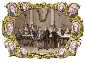 Paris - Le café « Procope » au 18e siècle de droite à gauche, dans les médaillons, Georges Louis Leclerc, comte de Buffon, Nicolas Joseph Florent Gilbert, Denis Diderot, Jean le Rond d
