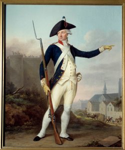 Révolution française : Portrait en pied du citoyen Nau Deville en uniforme de la garde nationale (au fond démolition de la Bastille) - Jean Francois Marie Bellier