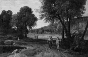 Paysage classique avec deux femmes et un homme sur un chemin