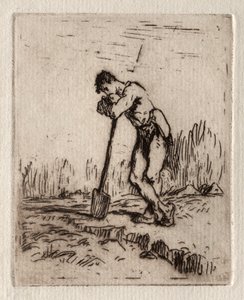 Homme appuyé sur une bêche