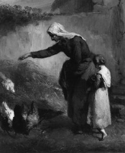 Femme nourrissant des poules