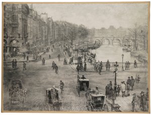 Paris, La place de Saint Michel avec le quai des Grands Augustins et le pont Saint Michel au premier plan et le pont Neuf et le Louvre à l